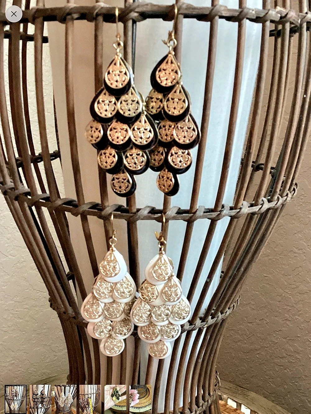Gold Filigree Teardrop Chandelier 202Dangle Earrings Black & White Like New